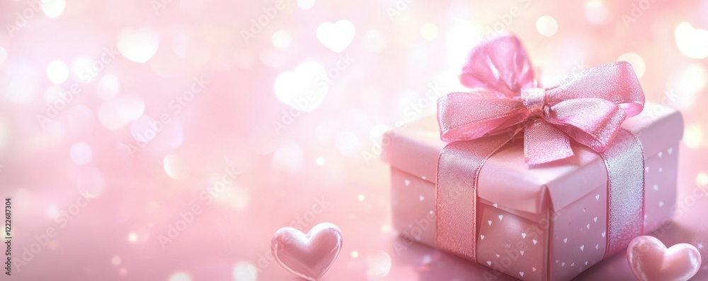 Pink gift box with ribbon and hearts on a sparkling background Pink gift box with ribbon and hearts on a sparkling background