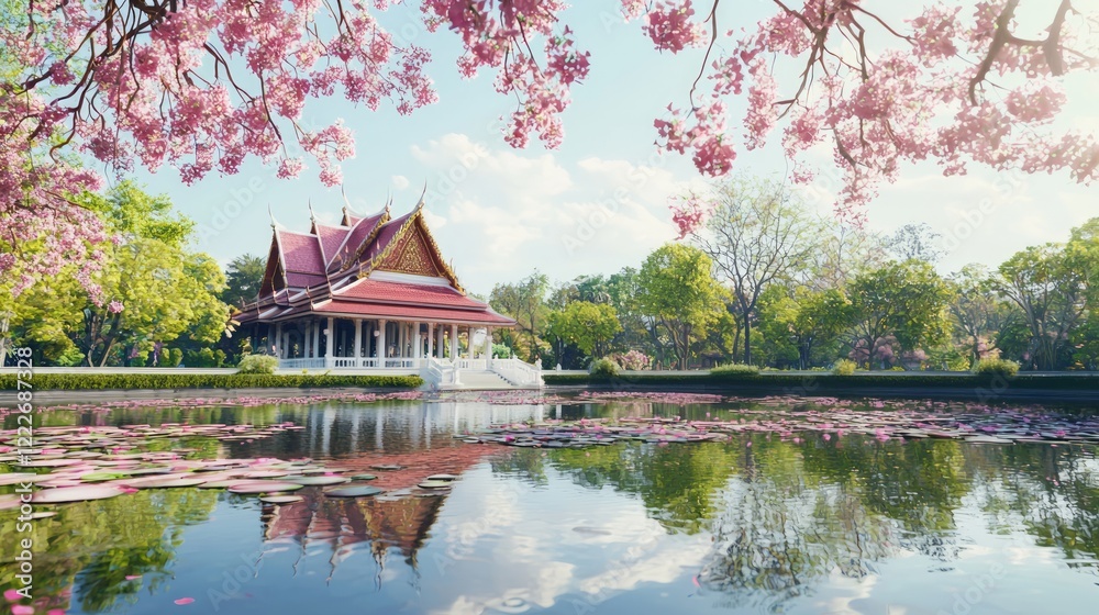 Fototapeta premium Tranquil Orchard Temple with Pink Blossoms and Lily Pond Reflections - Detailed Thai Architecture