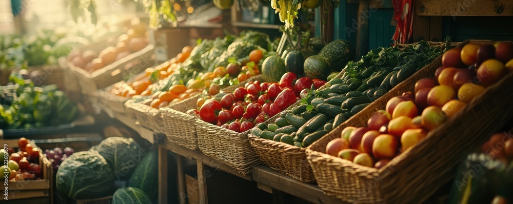 Obraz premium Vibrant farmer's market stall with fresh vegetables and fruits in baskets