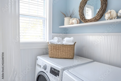 A coastal-inspired laundry room with light blue walls, white beadboard wainscoting and woven baskets photo