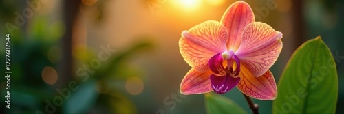 Colorful Cattleya labiata orchid in a tropical garden at sunrise, stamens, plant photo