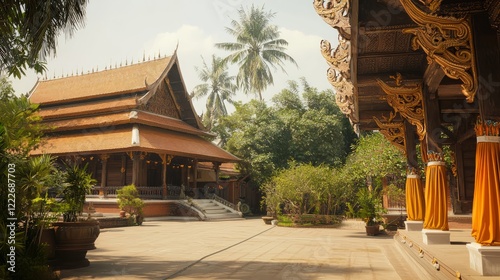 Majestic Wooden Drum Tower with Saffron Drapes - Cinematic Thai Architecture with Ornate Carvings and Swirl Motif Detail photo