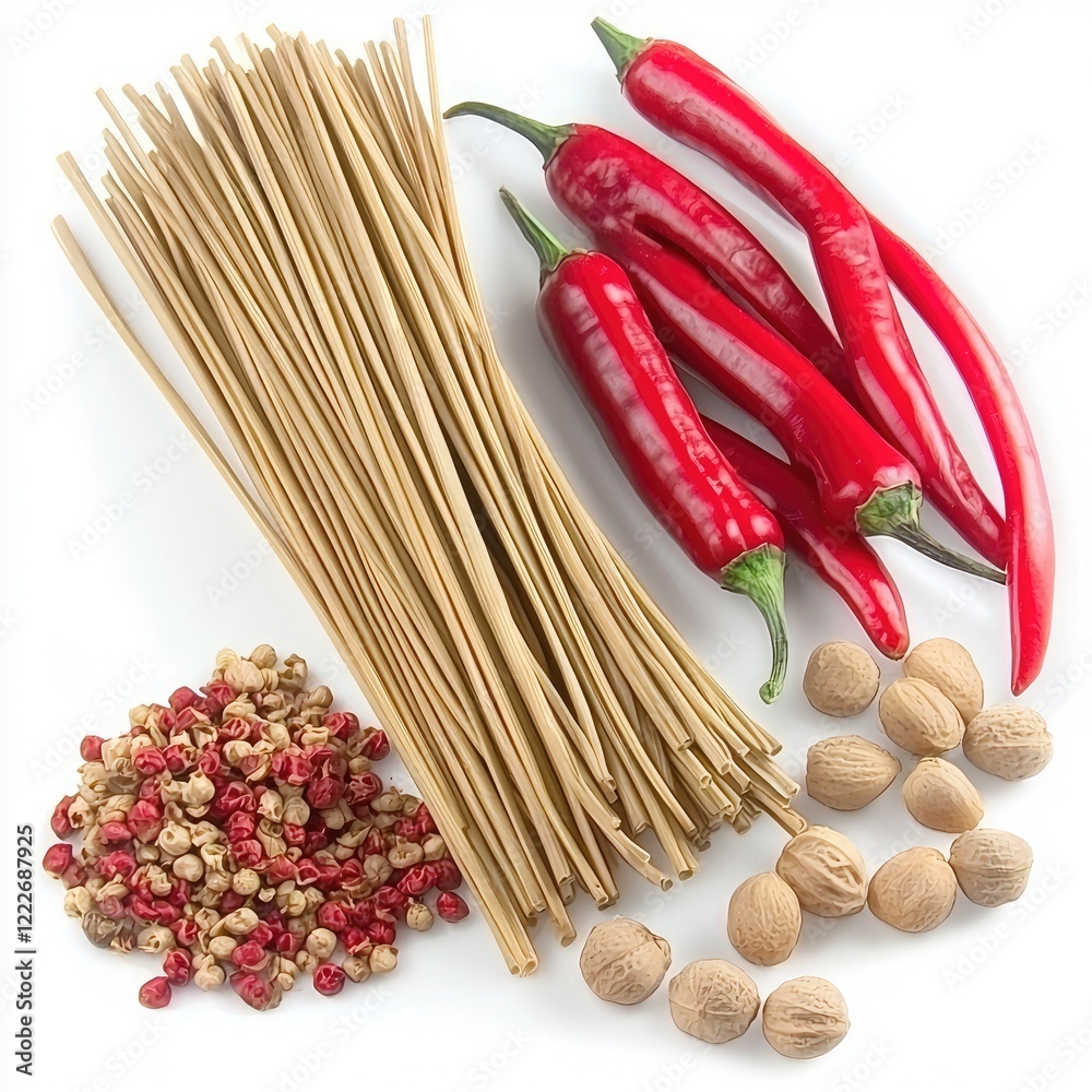 Spicy soba noodles, chili peppers, and spices. Food photography for recipe or cookbook Spicy soba noodles, chili peppers, and spices. Food photography for recipe or cookbook