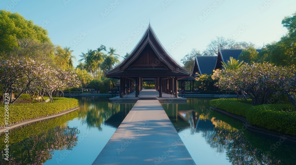 Tranquil Lotus Pavilion Reflection in Blossoming Orchard | Ultra-Detailed Thai Architecture Cinematic Scene Tranquil Lotus Pavilion Reflection in Blossoming Orchard | Ultra-Detailed Thai Architecture Cinematic Scene