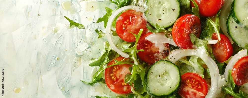 Fresh mixed salad with arugula, cherry tomatoes, cucumbers, and onions Fresh mixed salad with arugula, cherry tomatoes, cucumbers, and onions