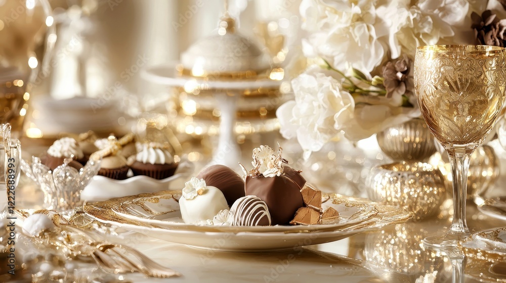 Elegant table setting with chocolate desserts and floral decorations, soft golden lighting, luxurious vintage photography style Elegant table setting with chocolate desserts and floral decorations, soft golden lighting, luxurious vintage photography style