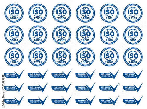 Certification logo collection for ISO in blue. Vector illustration