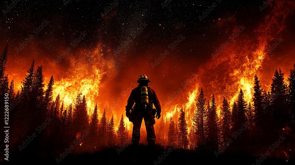 Fototapeta premium Firefighters Battling California Wildfires at Night, Silhouette of a Brave Rescuer Against Blazing Flames, Capturing the Intensity and Heroism in the Face of Danger.
