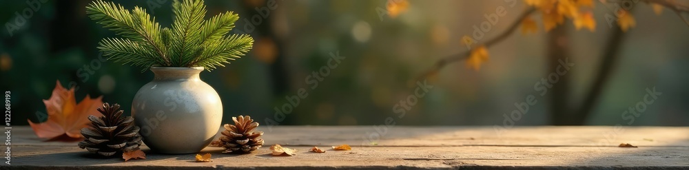 Fresh greenery and pinecones in a vase on a wooden table, autumn, winter, pinecone Fresh greenery and pinecones in a vase on a wooden table, autumn, winter, pinecone