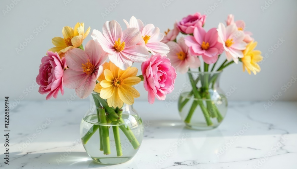 Fresh cut flowers placed in a glass container on a marble floor, arrangement, marble Fresh cut flowers placed in a glass container on a marble floor, arrangement, marble