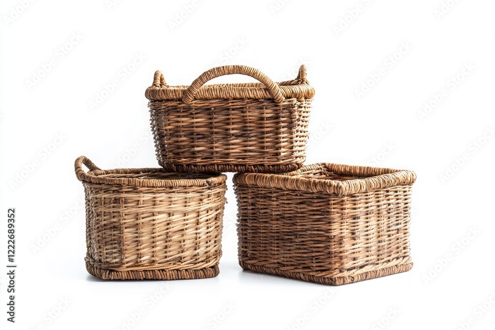 Obraz premium Three Stacked Wicker Baskets - Rustic Storage Solutions for Home Decor