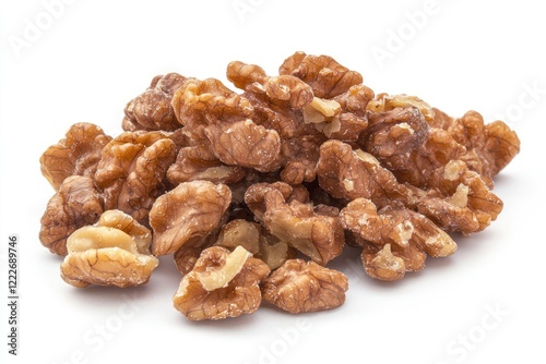 A pile of shelled walnuts arranged on a white background.