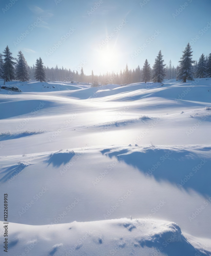 Gentle sunlight on a pristine snow-covered field in a serene blue sky, gentle, winter wonderland, serene Gentle sunlight on a pristine snow-covered field in a serene blue sky, gentle, winter wonderland, serene