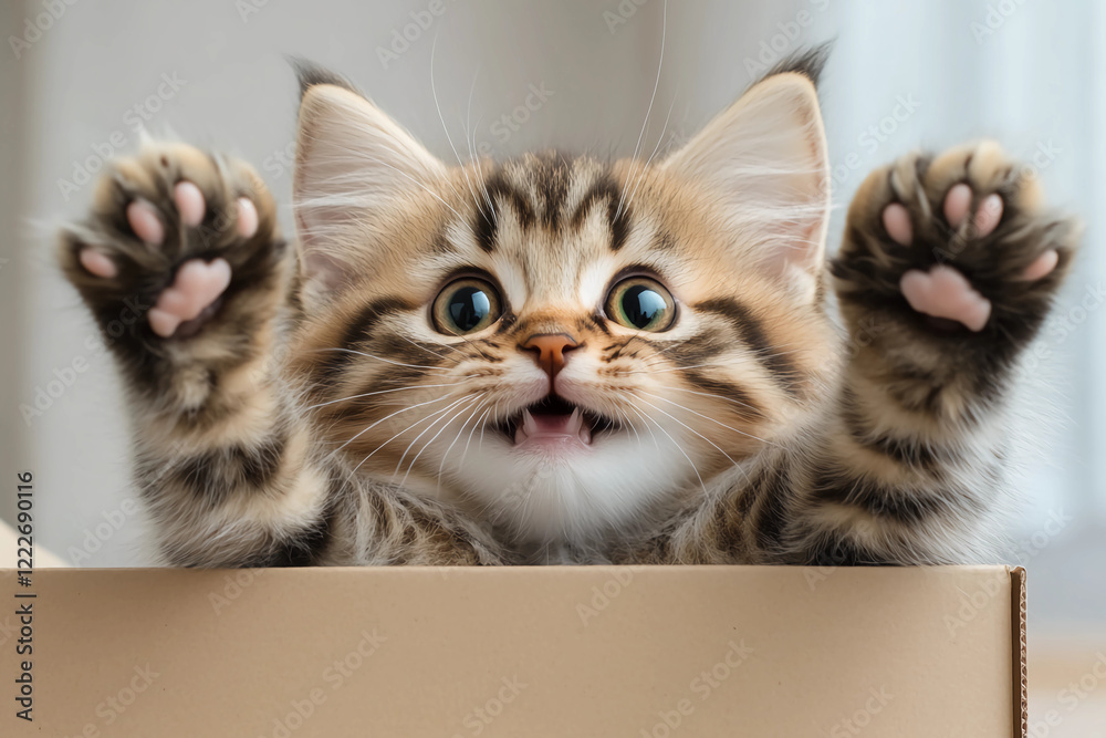 Playful Fluffy Kitten Chirping with Joy and Exploring a Box Filled with Crinkly Paper, Its Paws Darting In and Out in an Excited, Happy Moment of Discovery Playful Fluffy Kitten Chirping with Joy and Exploring a Box Filled with Crinkly Paper, Its Paws Darting In and Out in an Excited, Happy Moment of Discovery