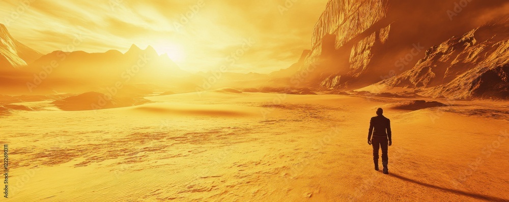 Silhouette of female traveler in vast desert landscape at sunset Silhouette of female traveler in vast desert landscape at sunset