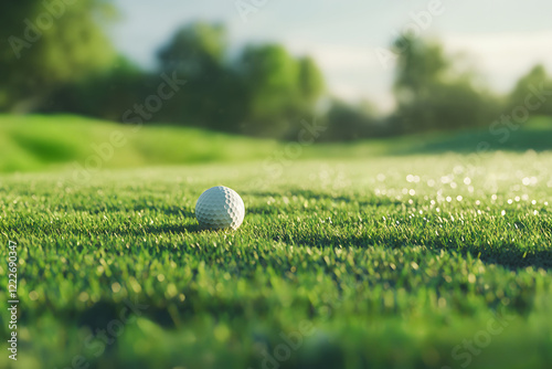 golf ball in sharp focus on lush green grass course with sand trap in the background, surrounded by soft bokeh effect, showcasing beauty of outdoor sports and recreation.