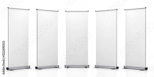 Set of five blank white roll-up banners for advertising and promotional mockup