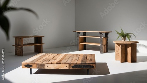 Reclaimed wood transformed into unique upcycled furniture and decor, emphasizing eco-friendly and creative living