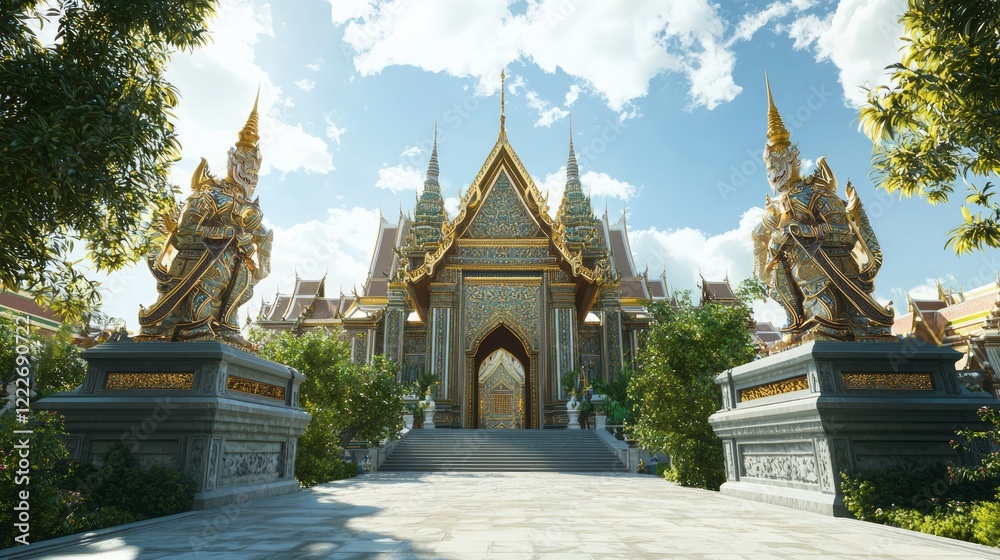 Majestic Mosaic Guardians at Giant Thai Gate with Orchard View - Ultra-Detailed Cinematic Image Majestic Mosaic Guardians at Giant Thai Gate with Orchard View - Ultra-Detailed Cinematic Image