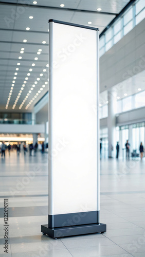 Blank roll-up banner mockup in a spacious airport terminal with bright lighting

