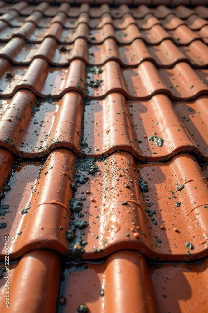 Fototapeta premium Clean roof tiles after high pressure water cleaning, wet, surface