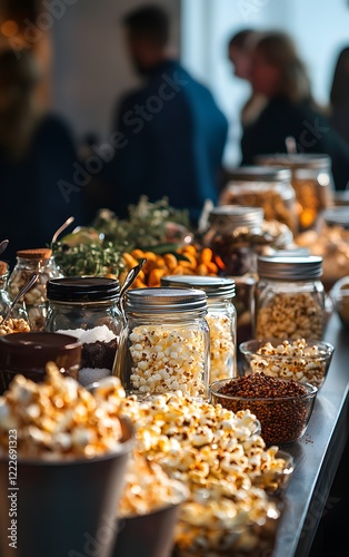 A festive popcorn bar on Popcorn Lover's Day, with jars of different seasonings herb blends, sea salt, and chocolate drizzle and a crowd of excited snackers making their own mixes photo