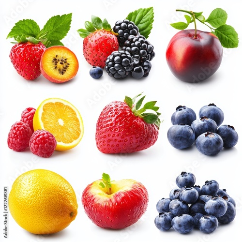 Fresh Assorted Fruits Isolated on White Background, Cut Out for Clean and Vibrant Display, Perfect for Food Photography and Healthy Lifestyle Concepts.