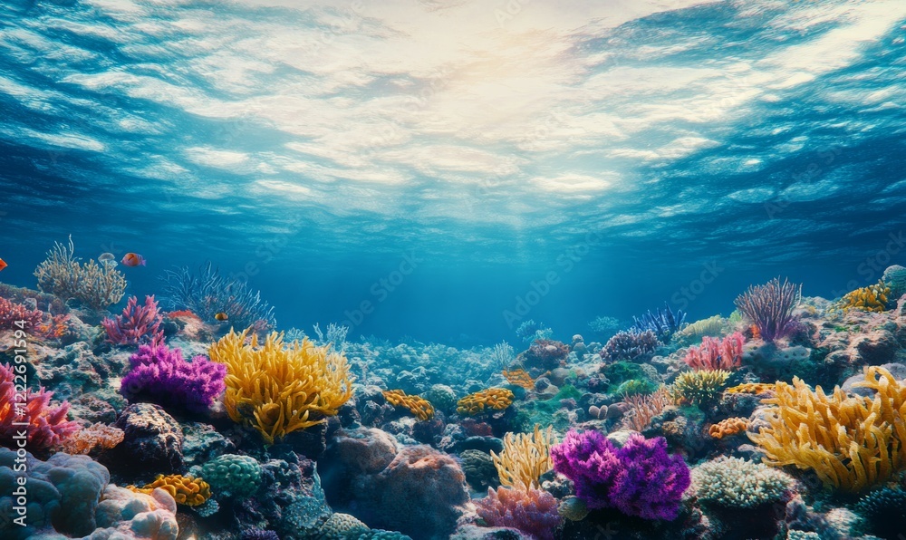 Fototapeta premium Digital invitation card for World Oceans Day featuring a serene ocean scene with vibrant marine life