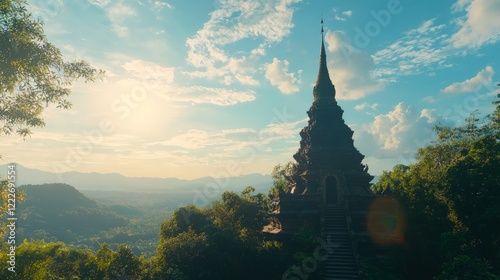 Serene Thai Stupa Rising above Lush Orchard Canopy with Lotus Bud Apex in Cinematic Image