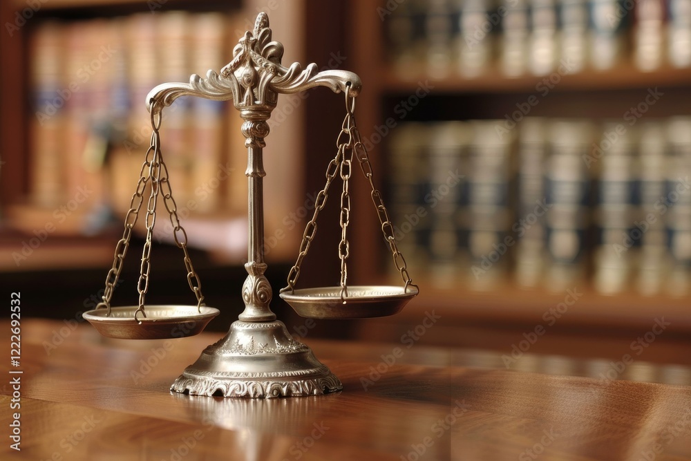 Silver scales of justice balancing on wooden table with law books in background representing legal system, law and order, and justice Silver scales of justice balancing on wooden table with law books in background representing legal system, law and order, and justice