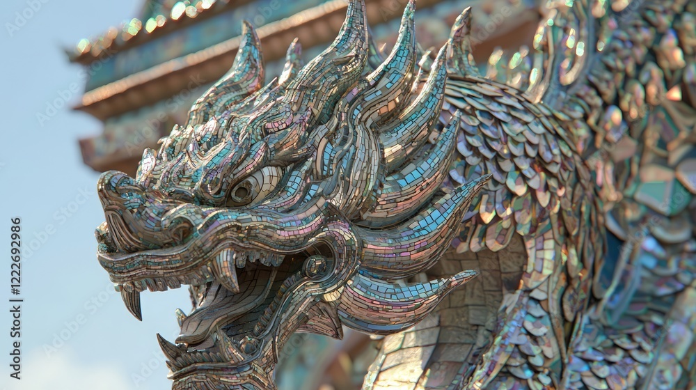 Fototapeta premium Majestic Thai Architecture: Ornate Roof Finial of Fierce Creature in Glowing Mosaic Details under Midday Sun