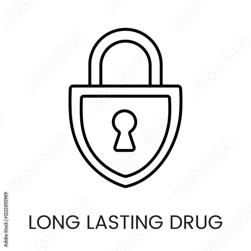 A shield and clock icon in vector, representing long-lasting drug protection, with an editable stroke