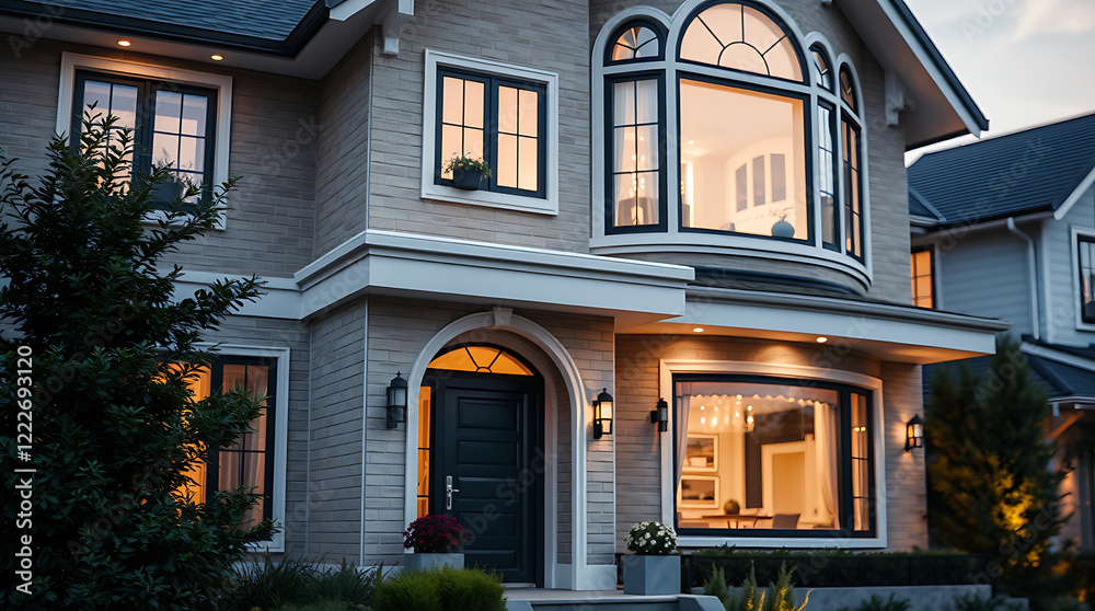 Obraz premium Luxury Home Exterior at Night: Modern Brick House with Elegant Design and Warm Lighting