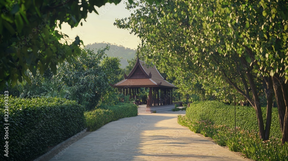 Serene Orchard Path to Thai Shrine with Curved Roofs at Dawn | Cinematic Morning Landscape with Intricate Architecture Serene Orchard Path to Thai Shrine with Curved Roofs at Dawn | Cinematic Morning Landscape with Intricate Architecture