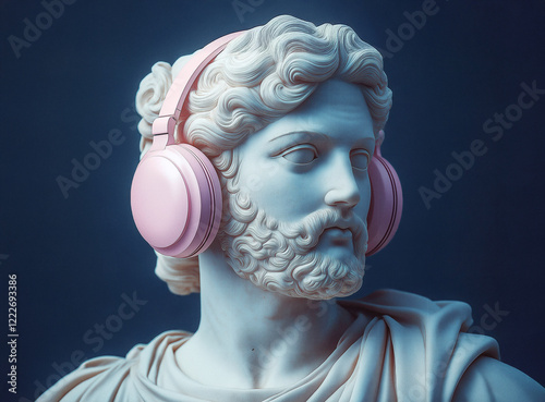 Greek statue wearing headphone isolated