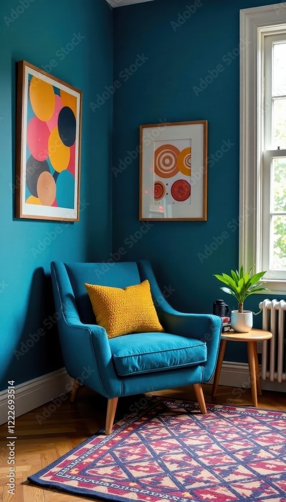 Fototapeta premium Cozy blue nook with geometric patterned rug and abstract art piece, geometric patterns, color palette