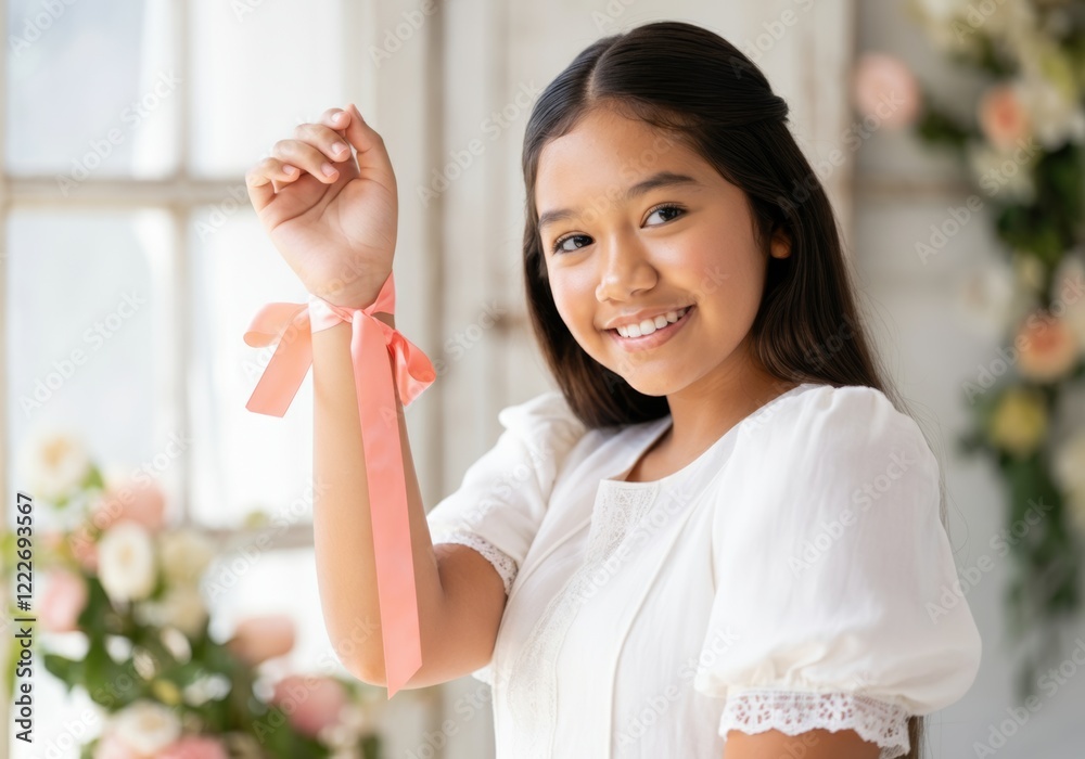 A Pacific Islander girl in her teens poses with a pastel ribbon tied around her wrist, coquette vibe A Pacific Islander girl in her teens poses with a pastel ribbon tied around her wrist, coquette vibe