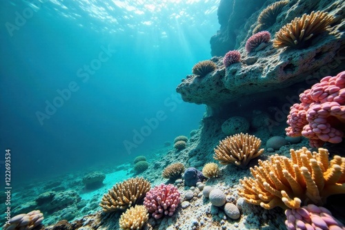 Coral reef rocks jut from turquoise ocean floor, sea, coral reef photo