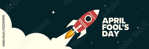 A poster design with a minimalist space theme for April Fool's Day. The background is a dark space with stars. There's a large text that says 