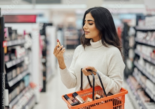 Young woman shopping for lipstick in cosmetics aisle at store