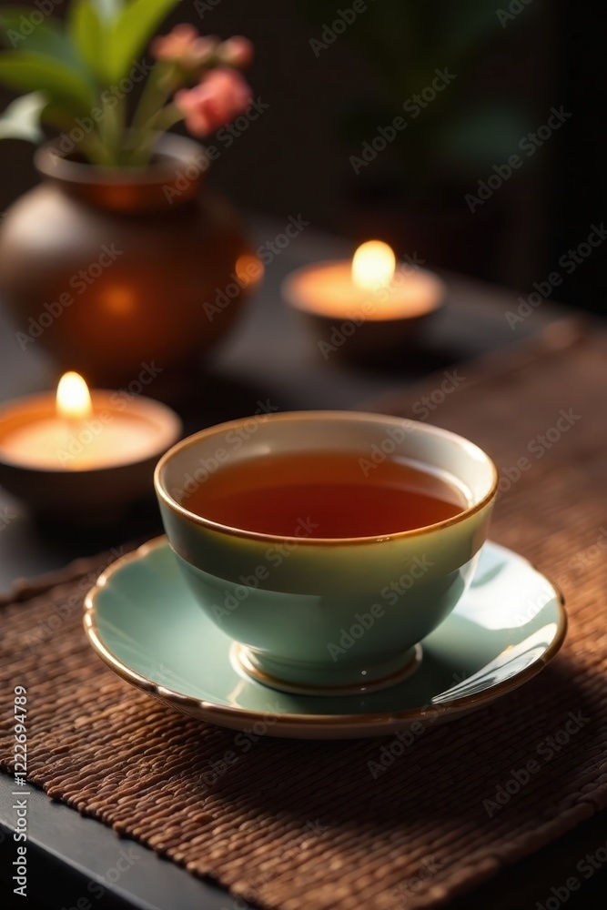 Delicate ceramic teacup filled with fragrant Chinese tea, surrounded by soft candlelight, tranquil, cup Delicate ceramic teacup filled with fragrant Chinese tea, surrounded by soft candlelight, tranquil, cup