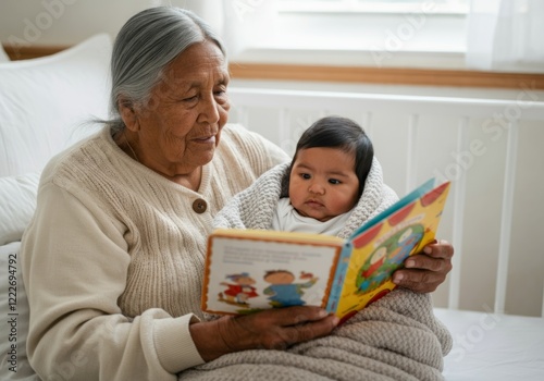 A Native American grandmother reading a bedtime story to her grandchild in a cozy nursery.