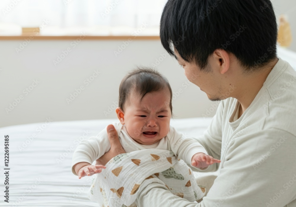 Father comforting crying Asian baby on bed in bright room Father comforting crying Asian baby on bed in bright room