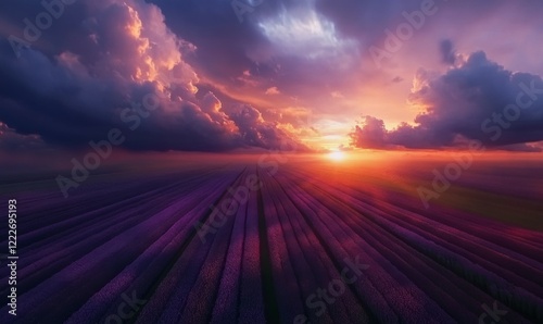 Dramatic spring scene on the tulip farm. Colorful sunset in Netherlands, Europe. photo