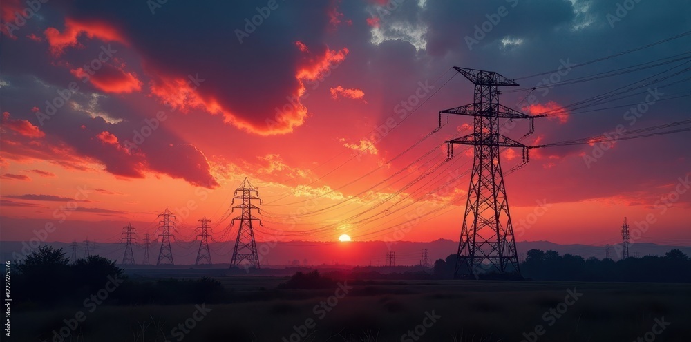 Fototapeta premium Massive power station at dusk, fiery sky backdrop, infrastructure, power