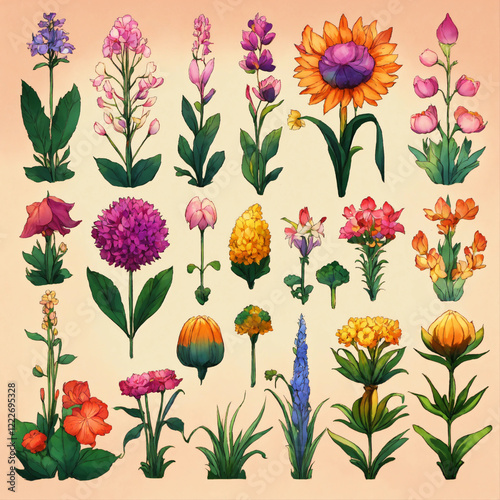 A charming botanical illustration showcasing various wildflowers in bright colors, celebrating the diversity of nature's beauty. photo