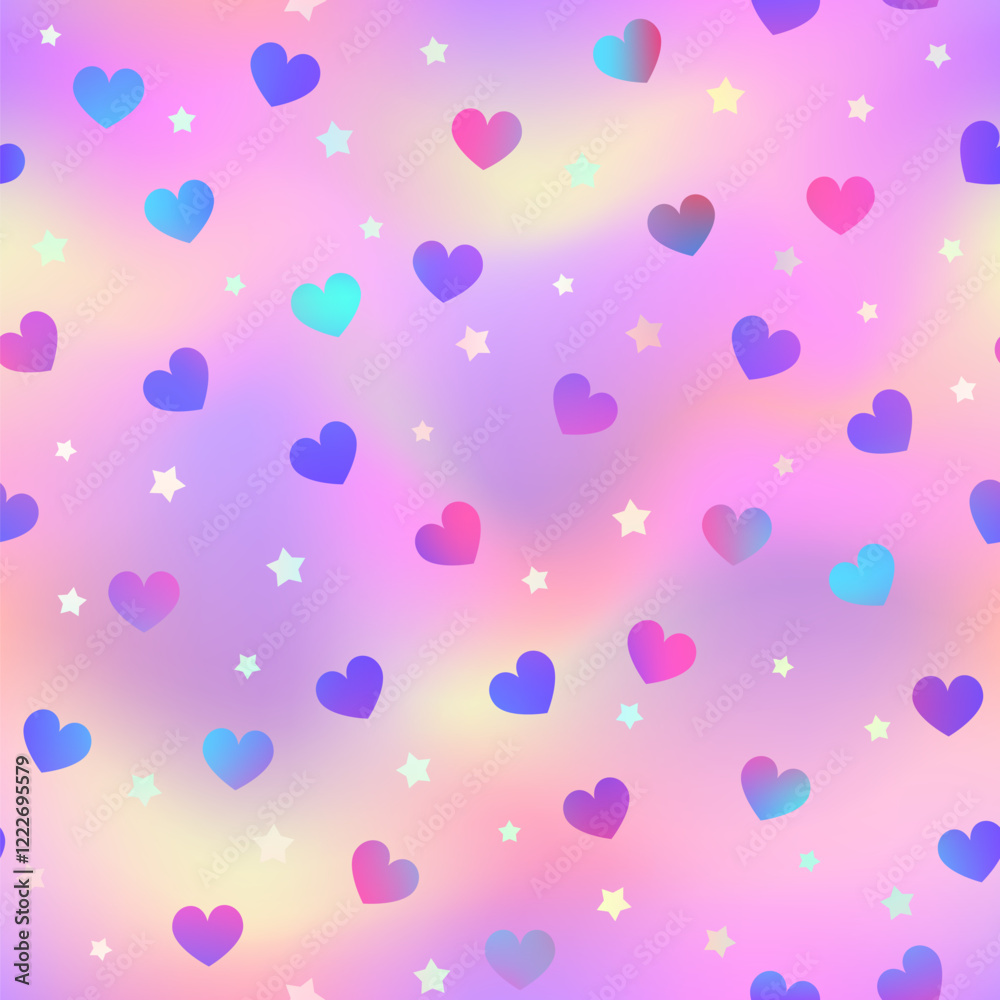 Shiny holographic hearts seamless pattern. Vector rainbow iridescent heart and star print on pink gradient background. Romantic Valentines Day backdrop texture for decoration, wedding design, greeting Shiny holographic hearts seamless pattern. Vector rainbow iridescent heart and star print on pink gradient background. Romantic Valentines Day backdrop texture for decoration, wedding design, greeting