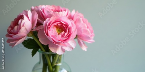 delicate pink ranunculus flowers in a glass vase , arrangement, ranunculus
