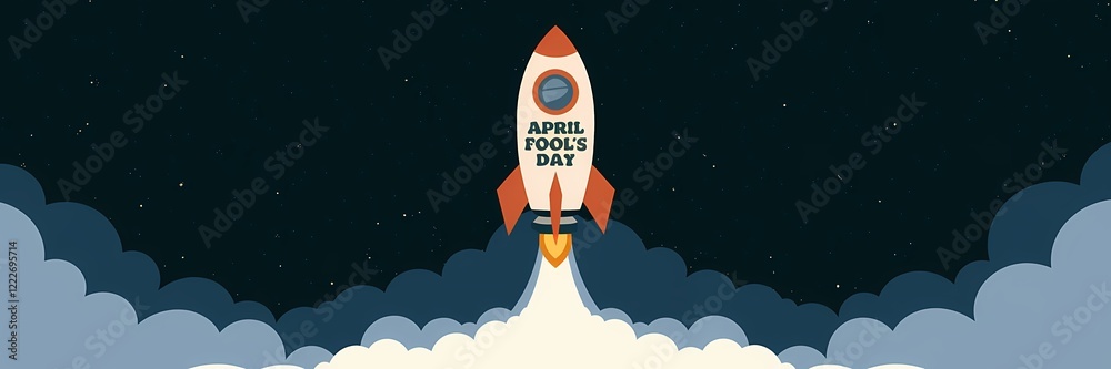 Fototapeta premium A creative minimalist April Fool's Day poster design with a space theme. There's a rocket with the text 
