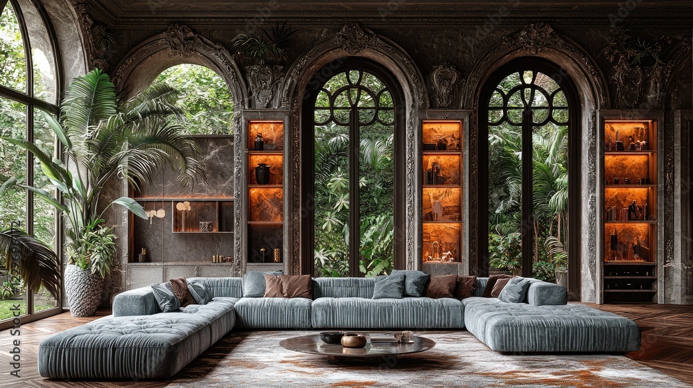 Obraz premium Luxurious Sectional Sofa in a Tropical Mansion Living Room
